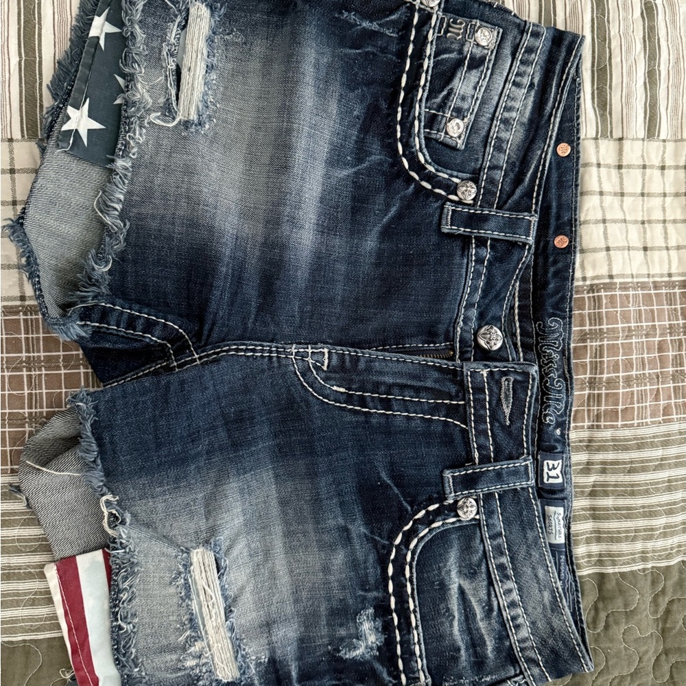 Miss Me Dark Blue Jean Shorts with Star Details